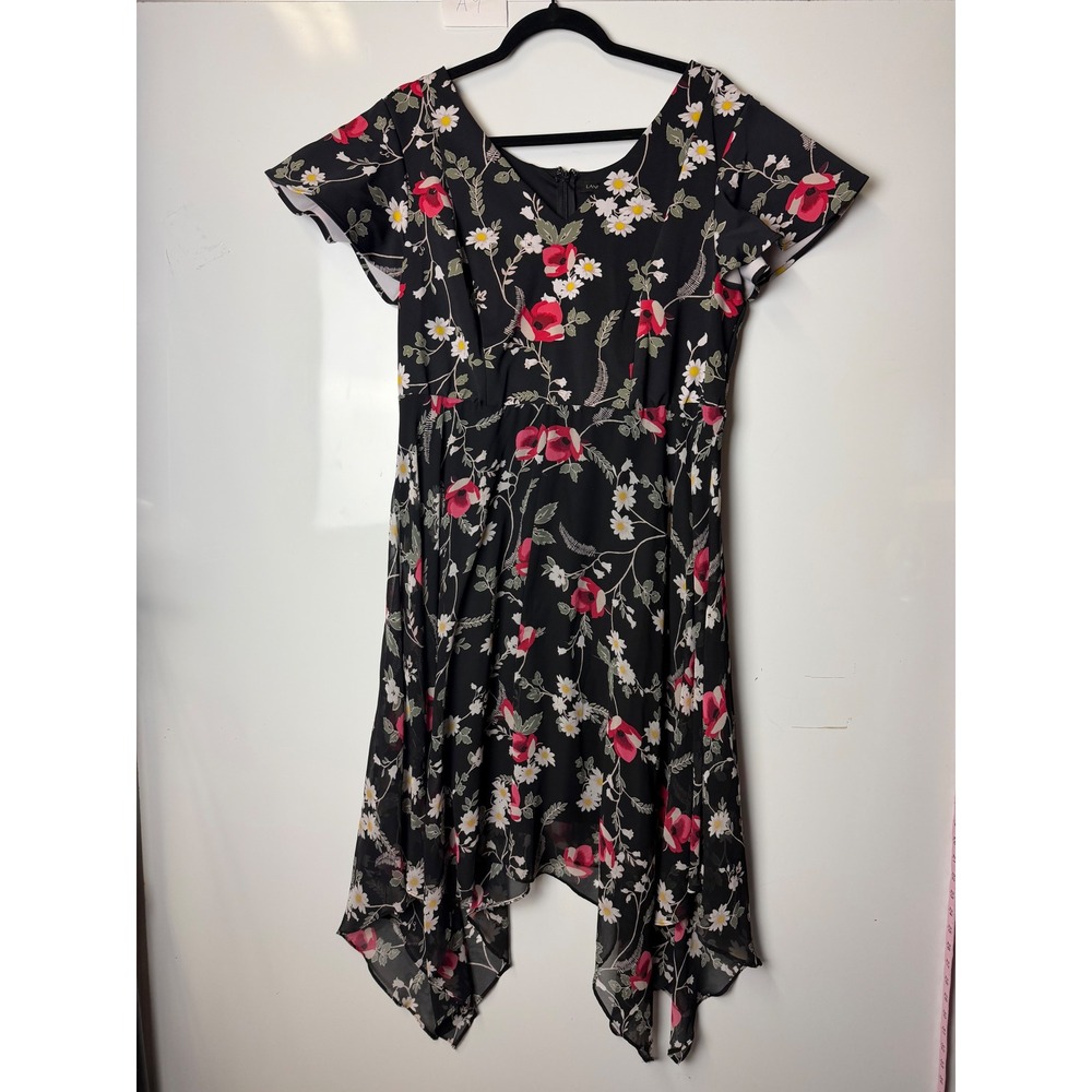 Lane Bryant Floral Handkerchief Hem Dress Black Red Poppy Print 14/16 Dress